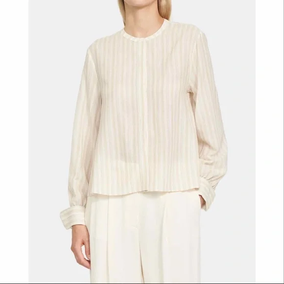 Theory Easy Shirt Size Small Corded Texture Ivory Multi Striped Cuffs Career Top - Picture 2 of 13